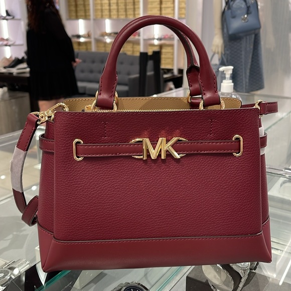 Michael Kors Reed Small Dark Cherry Leather Center Zip Belted Satchel Bag Purse - Picture 2 of 16